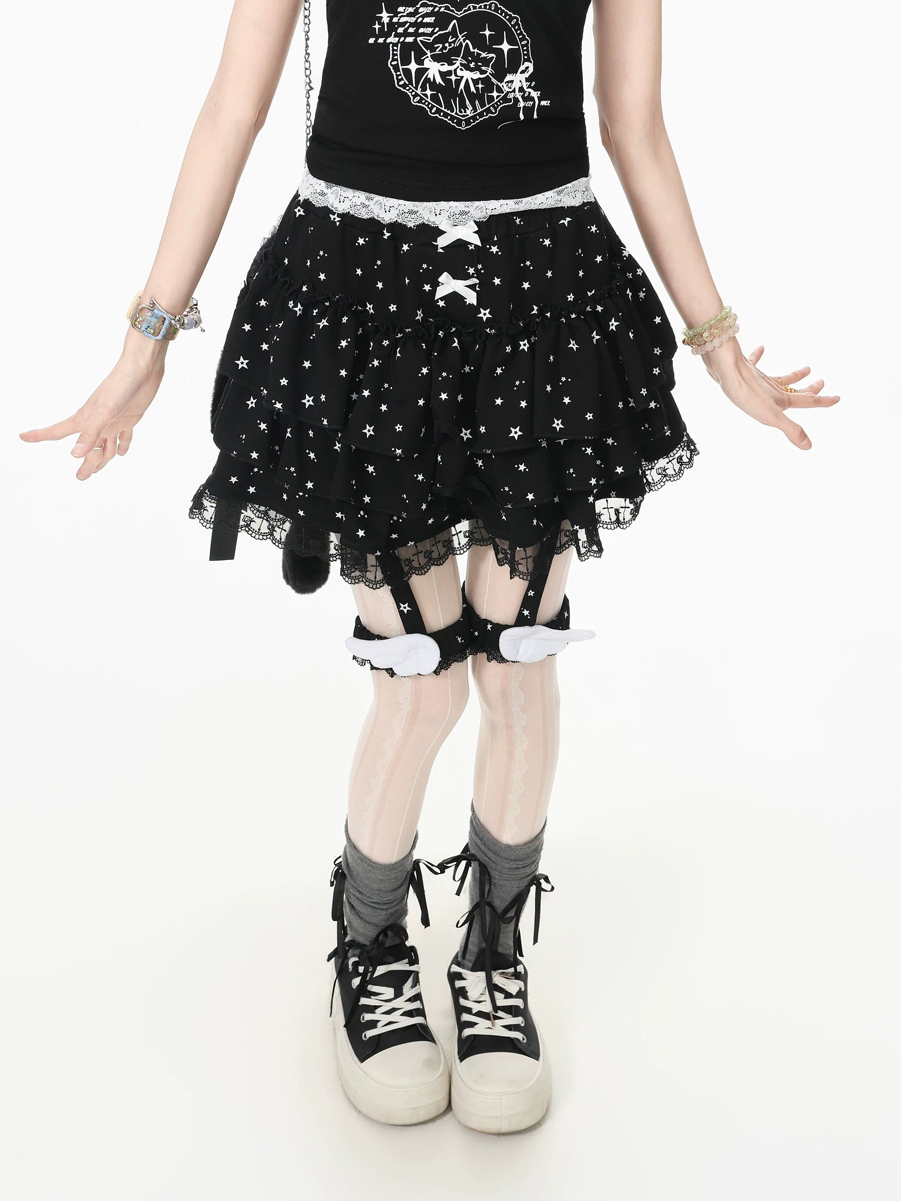 Languid Park Blue-Ghost Park Lace Flounce Petticoat Midi Skirt for Women Summer Bow Lace-Up Short Skirt