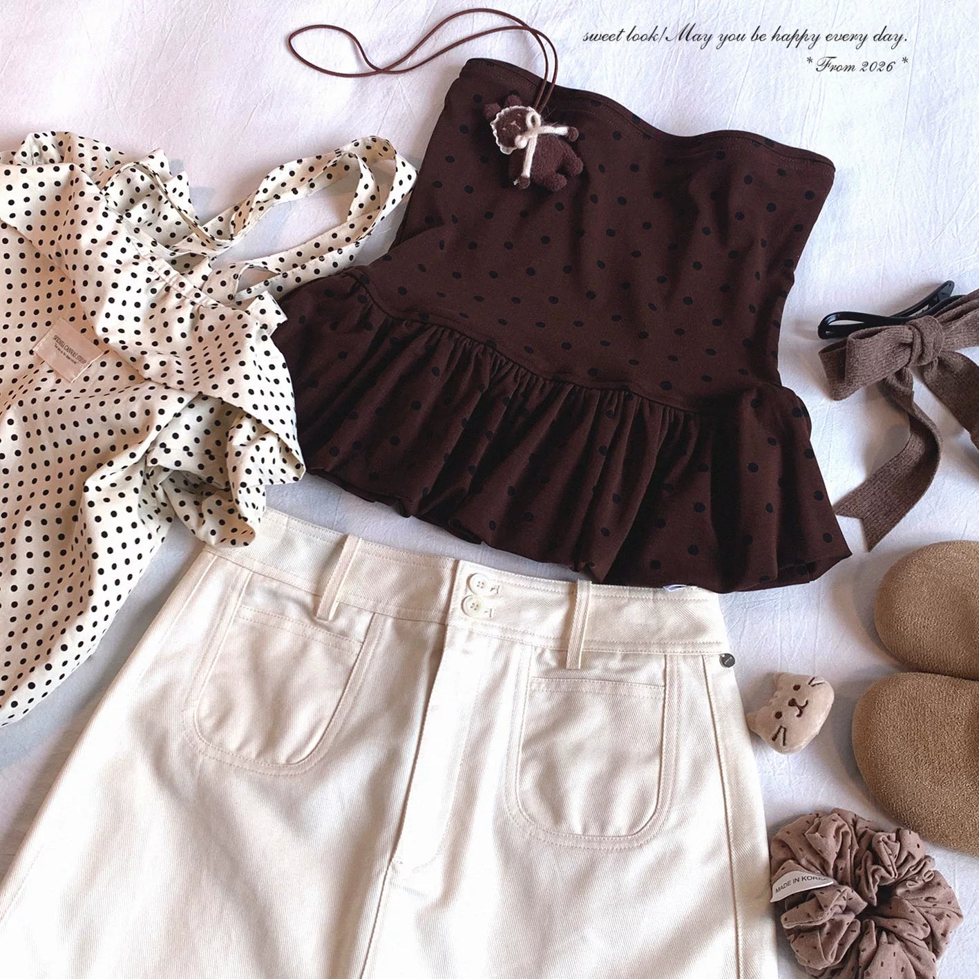 Final-Call Vintage Polka-Dot Sweet & Spicy Girl Style Ruffle-Hem Off-Shoulder Bustier Camisole Two-Piece Set