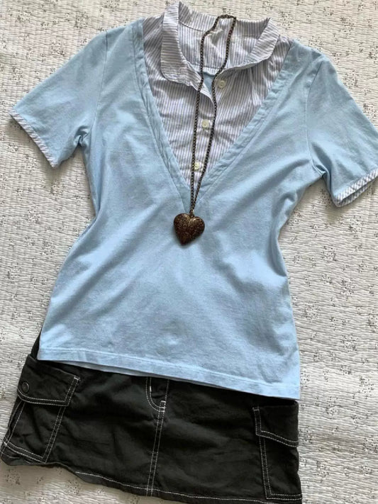Light Blue Contrast Striped Shirt—Two-Piece Look Short Sleeve T-Shirt for Women, Summer Designer Top