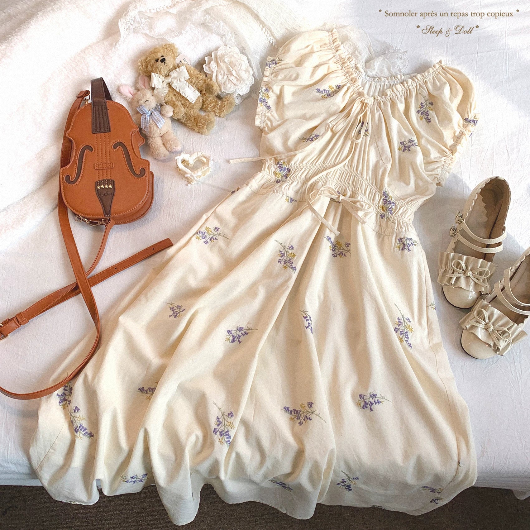 Final Stock MMyT Cotton Fabric Embroidered French Tea-Party Ruffle Pleated Waist Cinched Puff Sleeve Floral Dress with Tie