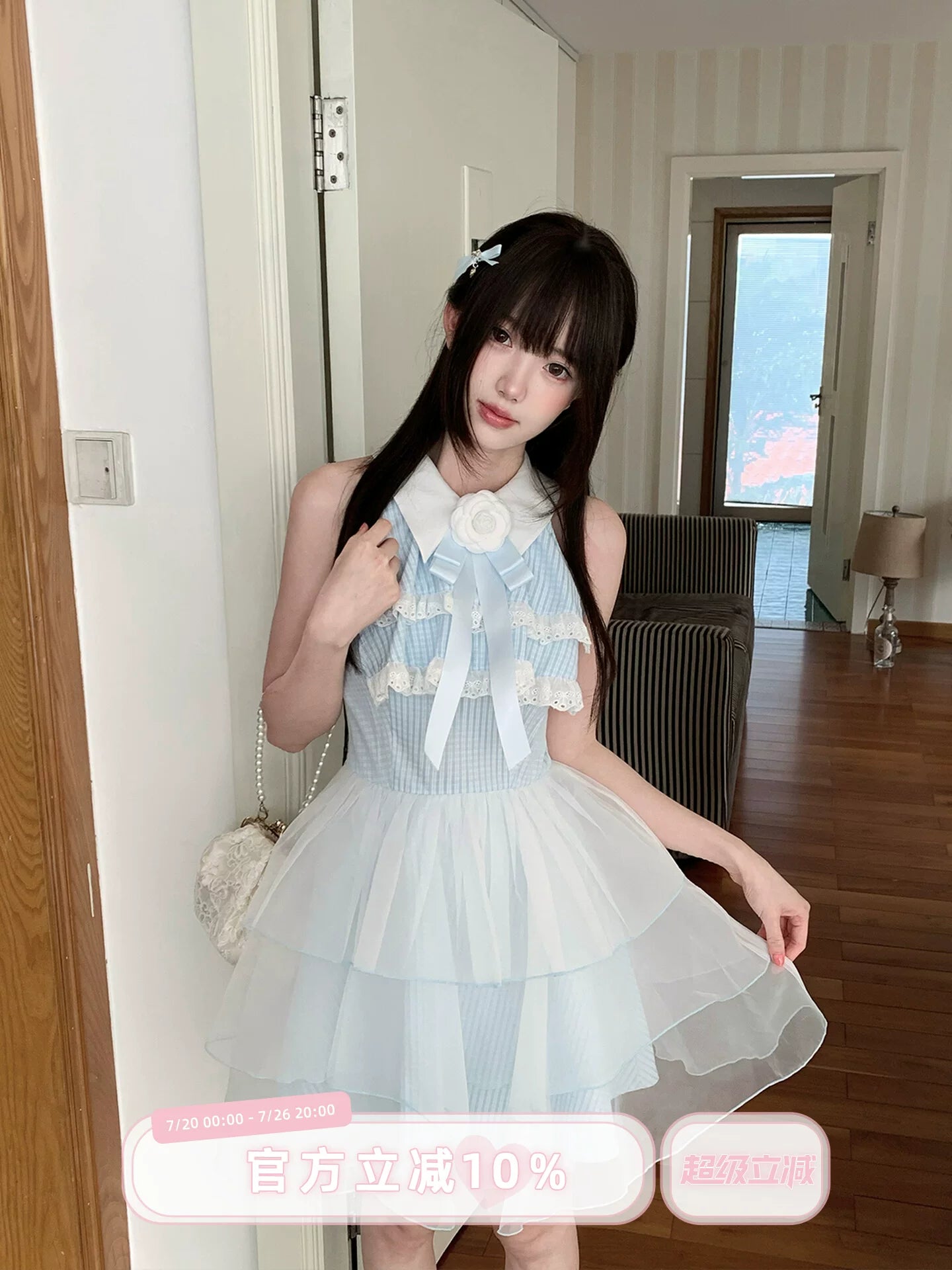 LaLa Sauce Dreaming Mirror Sea Salt Girl Off-Shoulder Dress with Camellia, Butterfly Bow, Mesh Tulle Cake Princess Skirt