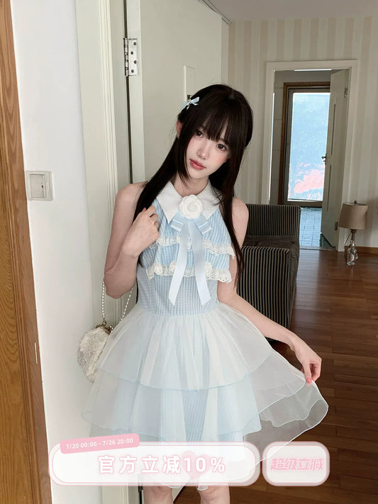 LaLa Sauce Dreaming Mirror Sea Salt Girl Off-Shoulder Dress with Camellia, Butterfly Bow, Mesh Tulle Cake Princess Skirt