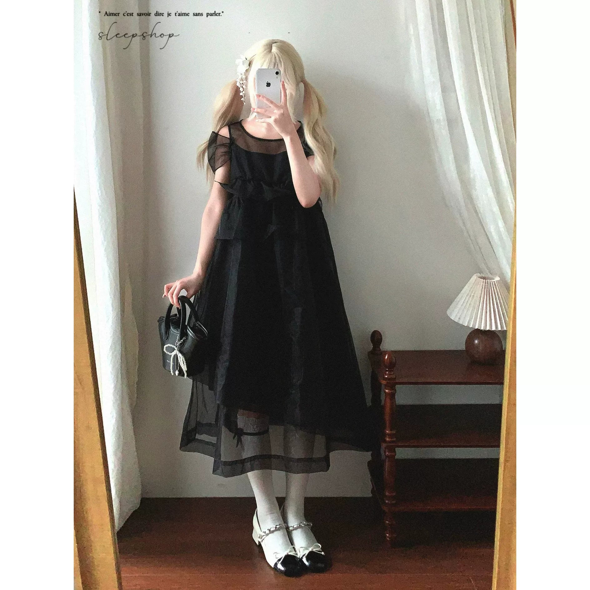 Final Clearance yc Salt* Sweet Bowknot Crew Neck Solid Color Sheer Chiffon Tulle Slip Dress