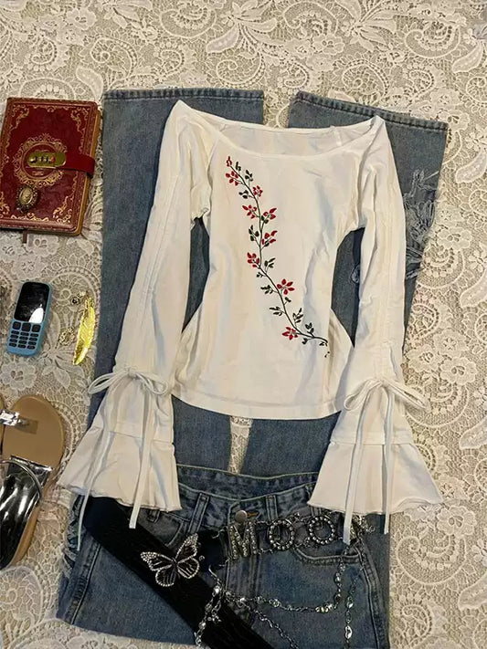 White round neck drawstring strap long-sleeved Top