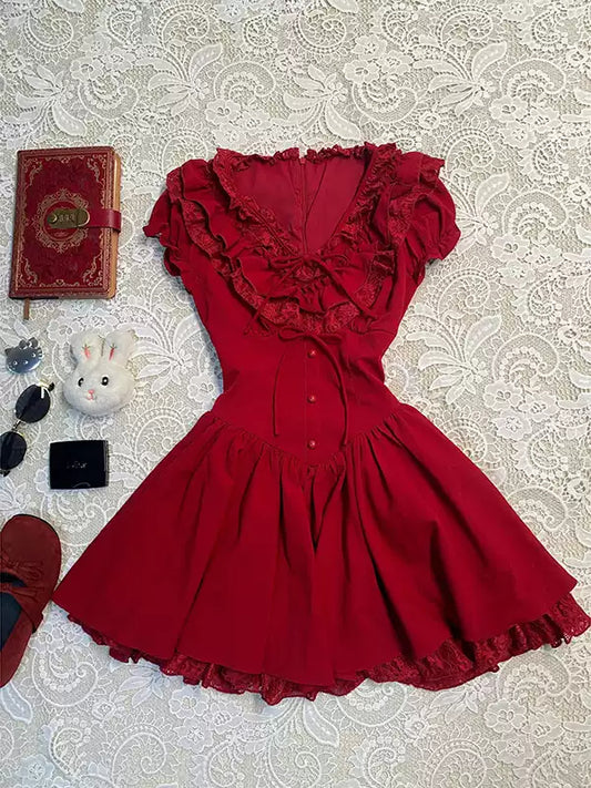 red lace v-neck shirt dress