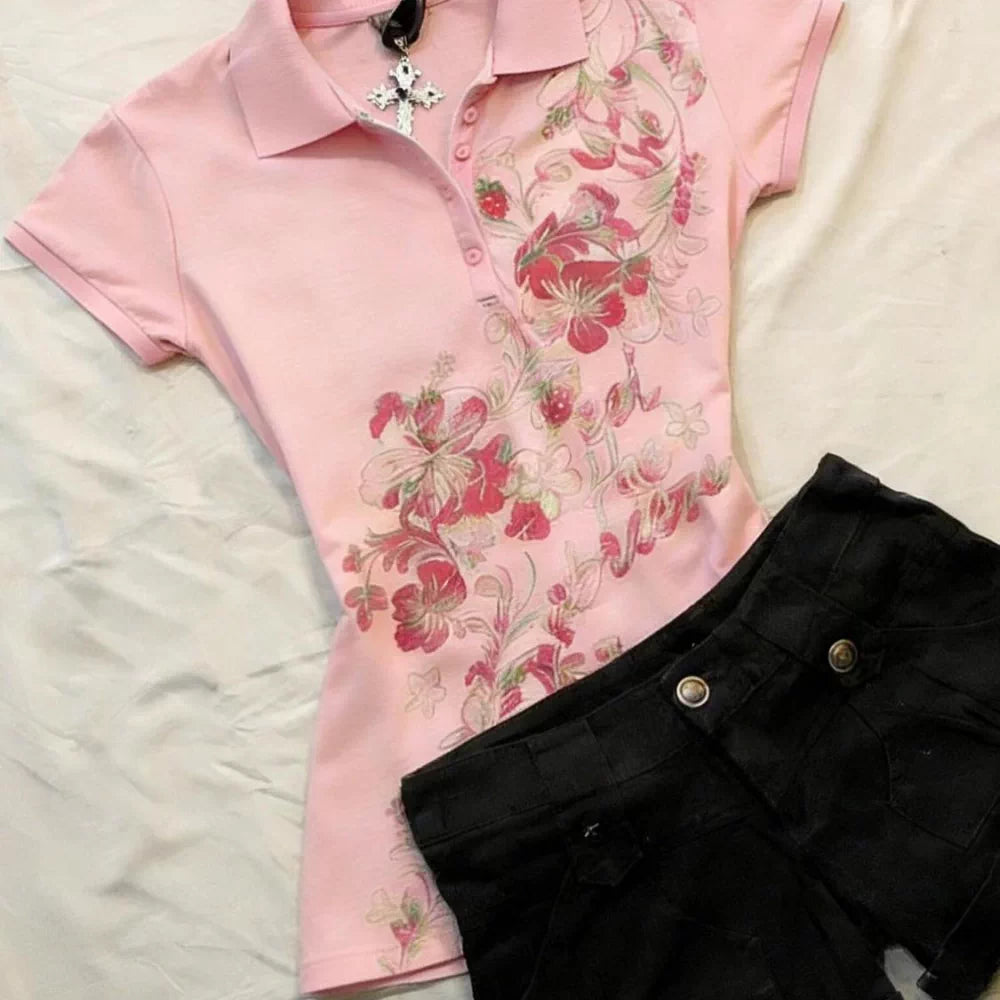 American Retro Vintage Style 2026 Summer New Pink Polo Collar Short-Sleeve Printed Slim-Fit Top