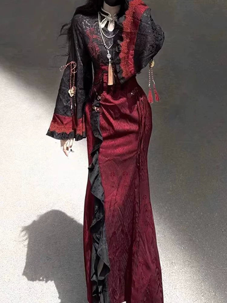 Dark Serpent Element New Chinese Style Adapted Cheongsam Lolita Snake Spirit Girl Cloak Set Mermaid Dress