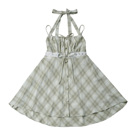 Pinksavior “Green Blossom Sea” Green Grid Summer Fresh Camisole Dress with Slimming Denim Pants Set