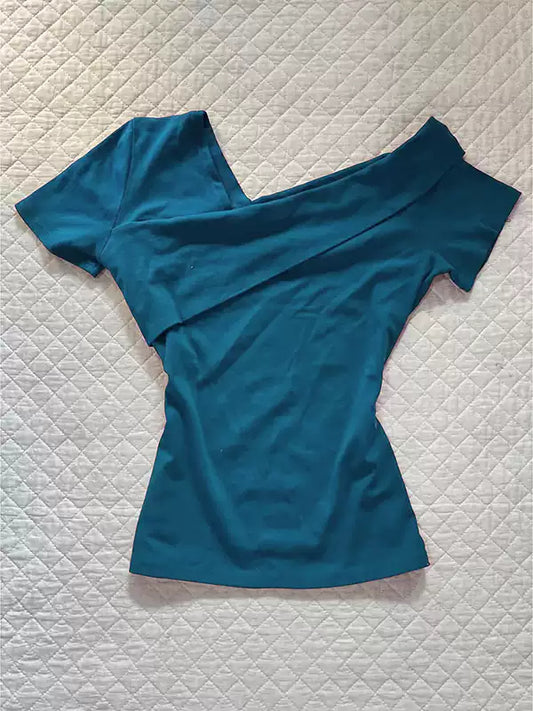 Retro blue irregular v-neck T-shirt