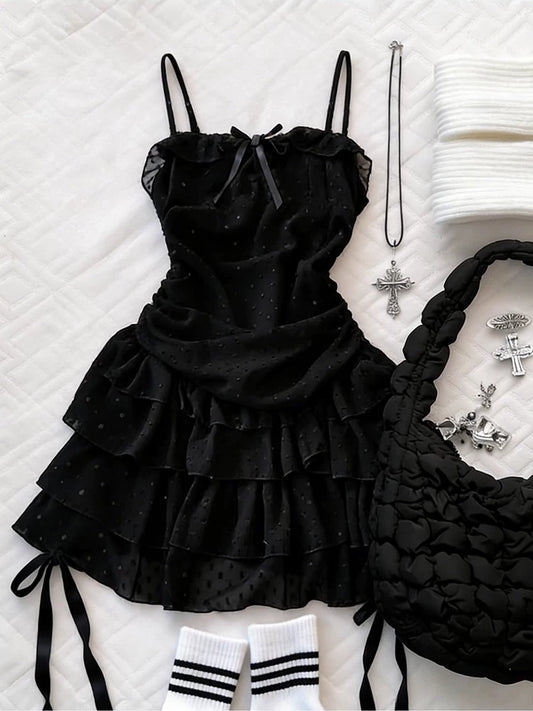 Black Off-Shoulder Slimming Cami Dress for Women, Summer “In-Style” Tweed-Inspired Cake Skirt, Boutique Statement