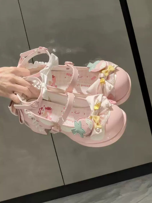 Sweet Girl Pink 【Strawberry Roll Roll 41–42 New Style】 Original Lolita Shoes Cute Round-Toe Sweet Lo Shoes for Women