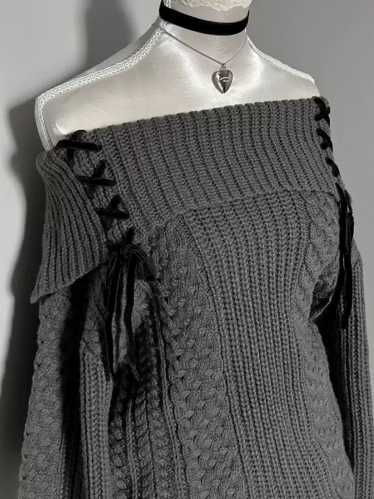 gray straps off-shoulder sweater