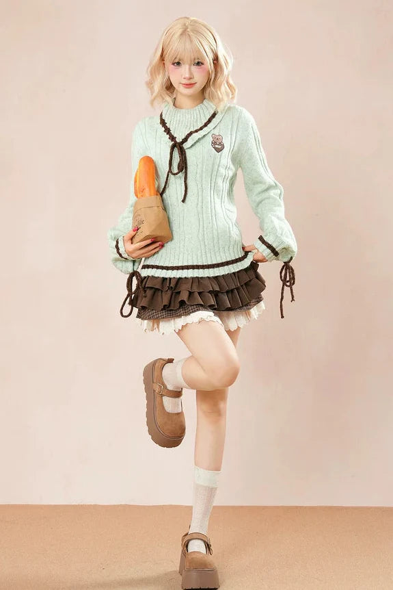 Green Bow Knit Sweater Set