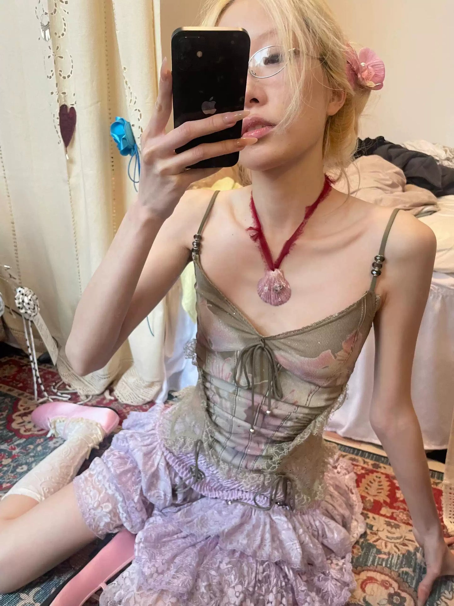 lace splicing printed camisole