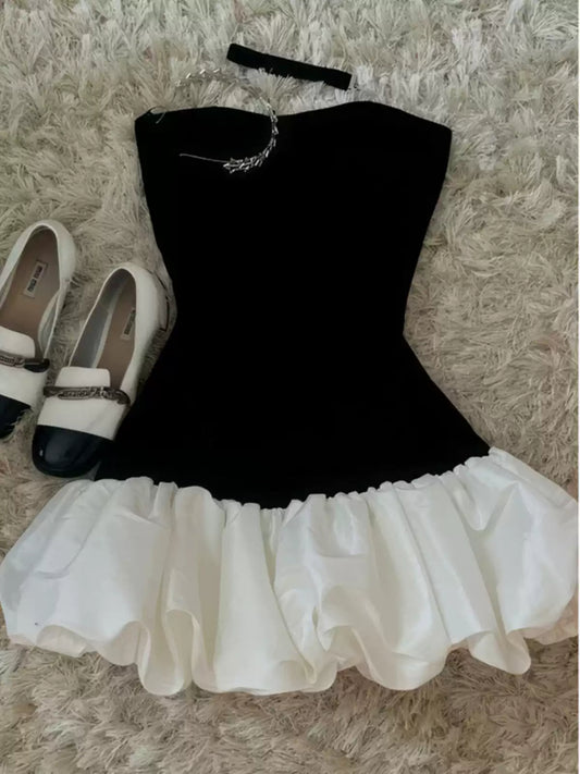 Black one-shoulder tube top dress