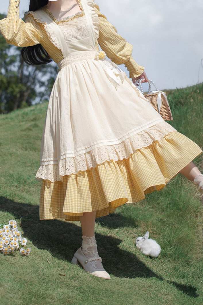 【Pre-order item】Retro Girly Yellow Dress + Apron + Ribbon