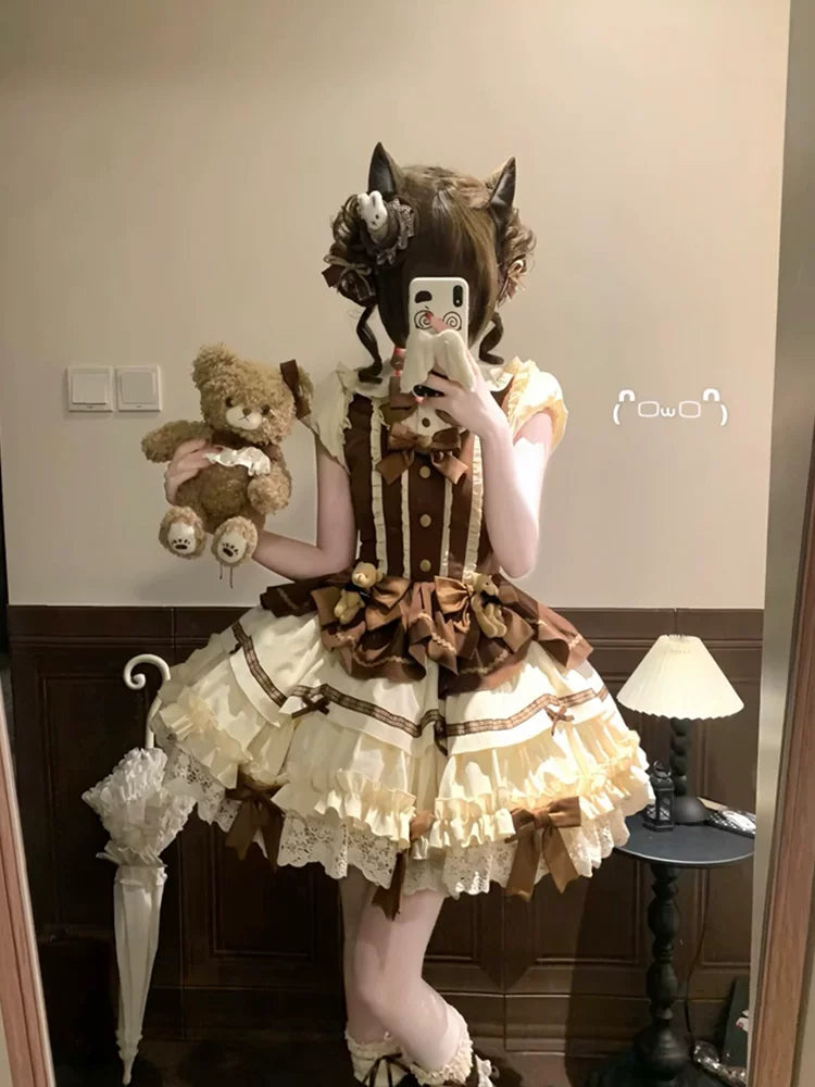 Sweet & Lovely Cocoa Brown Bear Lolita Short-Sleeve Dress Outfit in Brown – Everyday OP Lolita Ensemble for Women