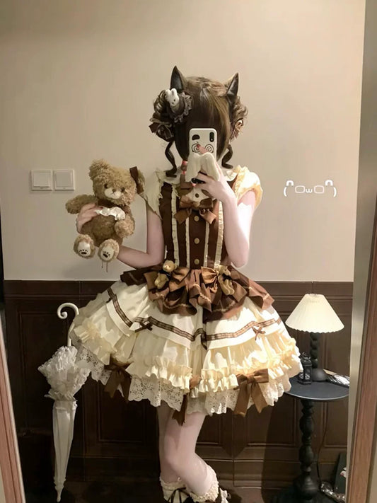 Sweet & Lovely Cocoa Brown Bear Lolita Short-Sleeve Dress Outfit in Brown – Everyday OP Lolita Ensemble for Women