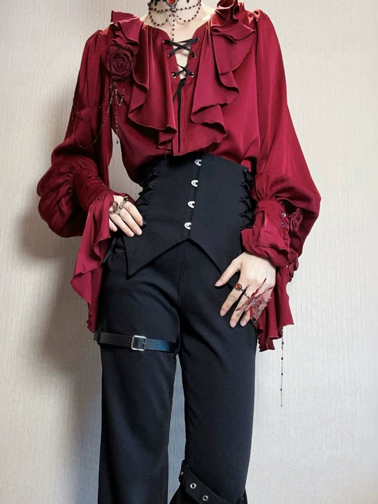 Lolita Prince-Style Long-Sleeve Shirt, Gothic-Inspired Layering Top in Red with Bat-Wing Sleeves, Vintage Medieval Base Shirt