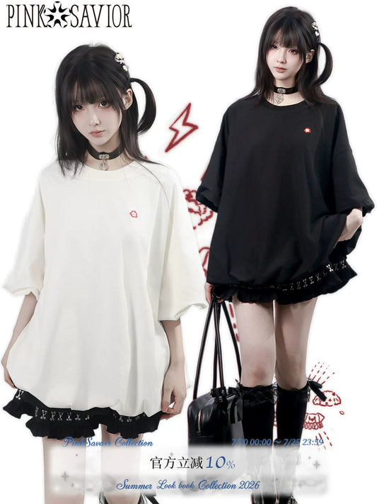 PinkSavior【Fruit Iced Tea】Relaxed Bud-Lace Linen-Cotton Short Sleeve Summer Top in Black & White with Embroidered Apple—Figure-Flattering
