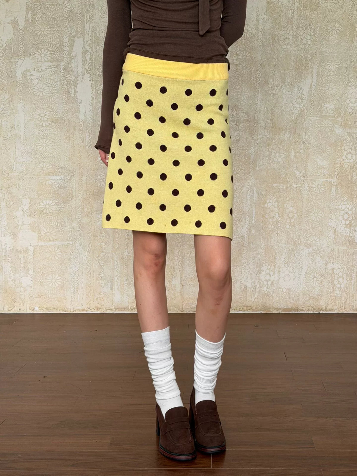 VintageTang French Vintage Polka Dot Knit Skirt, Autumn/Winter Slim-Fit Bodycon Straight Mini Skirt Hao Na 1 - 均码