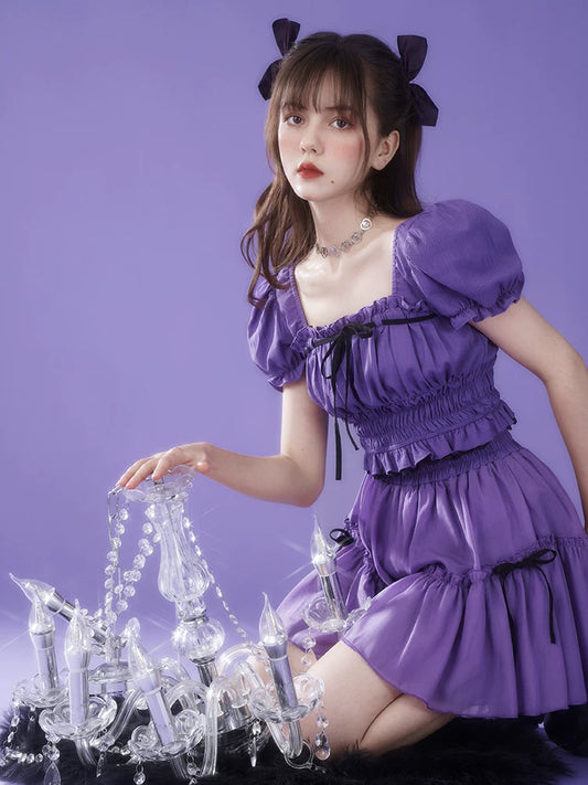 SagiDolls Girls’ Fierce Spirit Chiffon Wrap Dress Set, Cold and Delicate Feel, V-shaped Square Neck, Puff Sleeves, Waist-Cinching Princess Dress Outfit