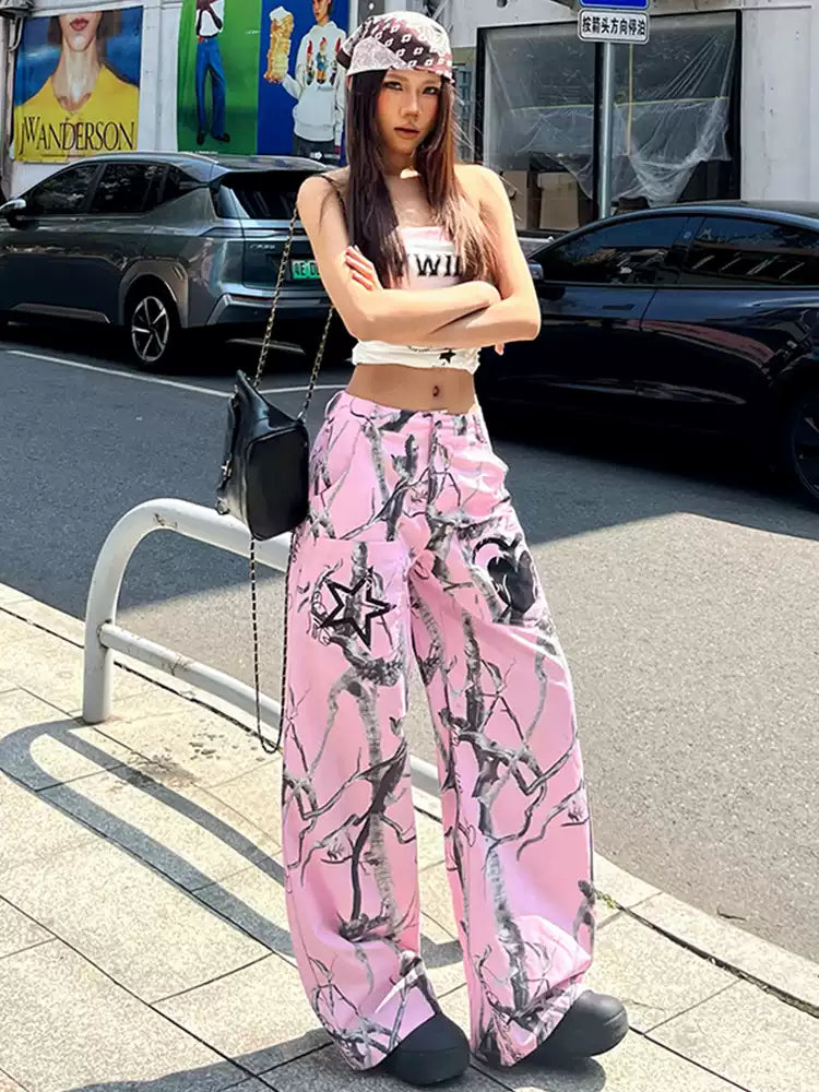 Street pink graffiti niche versatile wide leg pants