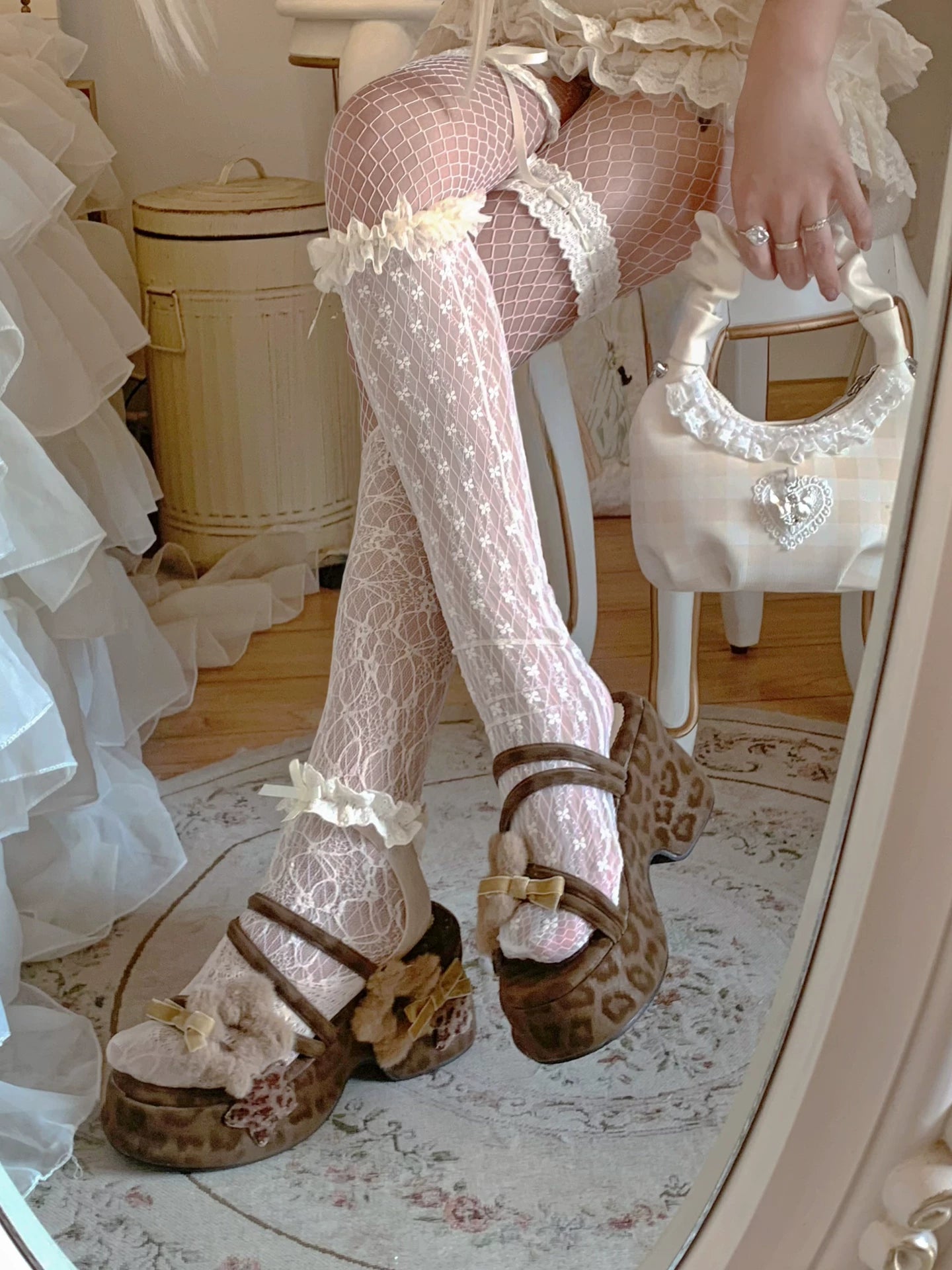 Pinkyo Original Leopard Print Plush Star Bow Slipper Sandals Japanese Shibuya Trendy Gothic Retro Style Platform High Heel Sandals