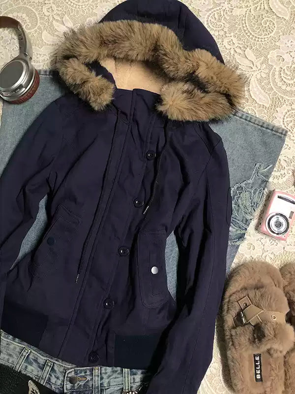 Blue lamb wool hooded jacket