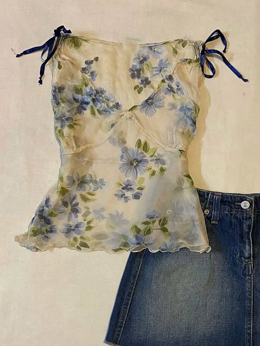 French Vintage Chic Gorgeous Soft Retro Floral Vacation Camisole Top for Summer
