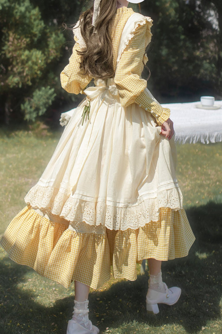 【Pre-order item】Retro Girly Yellow Dress + Apron + Ribbon