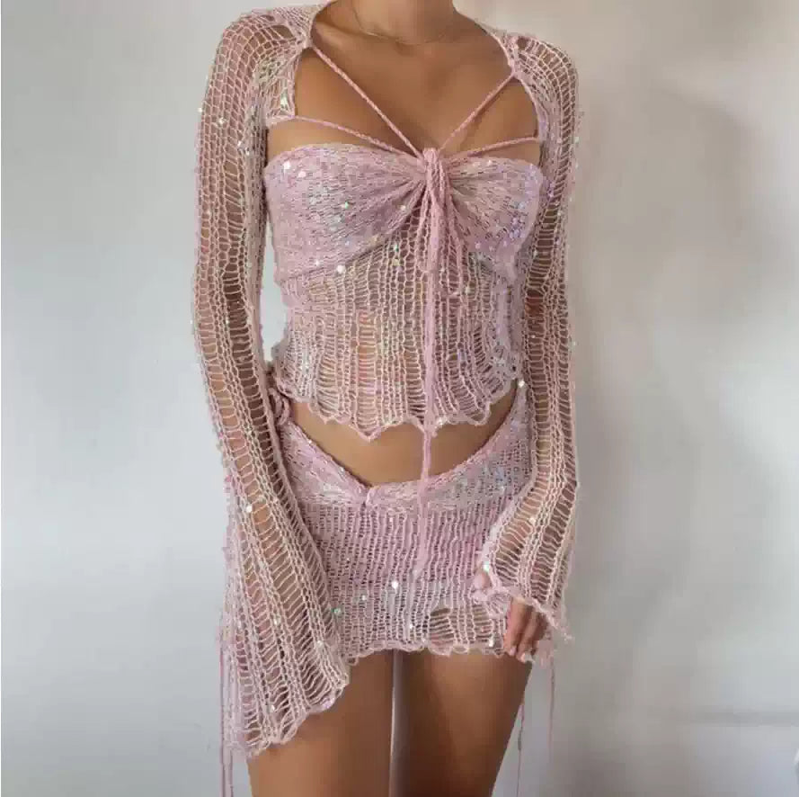 Baddie Sequined See-through Knitted Suit