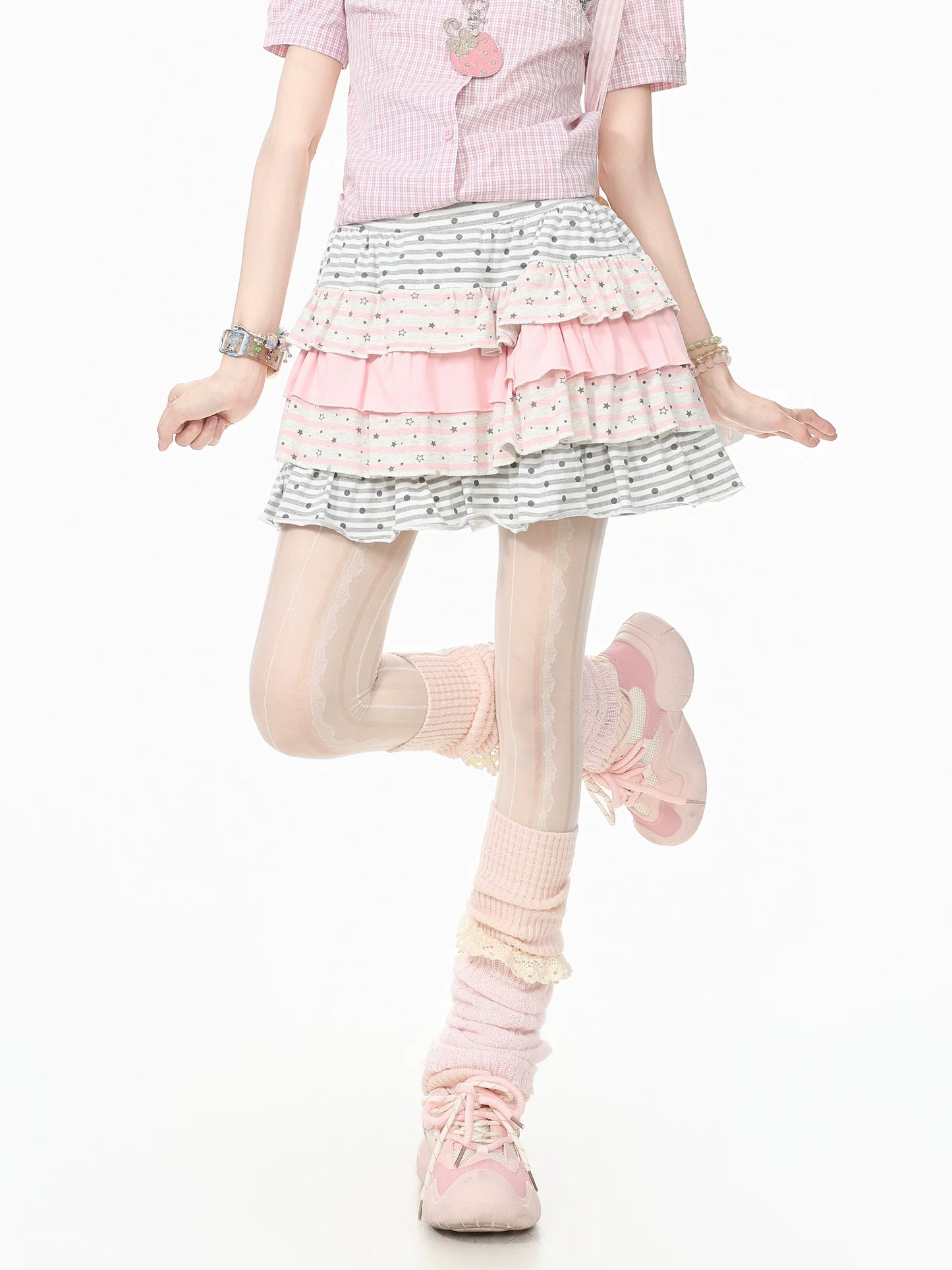 Languid Park Blue Ghost Star Dot Ruffle Cake Skirt Dress (Half Skirt) for Women—Summer Short Skirt