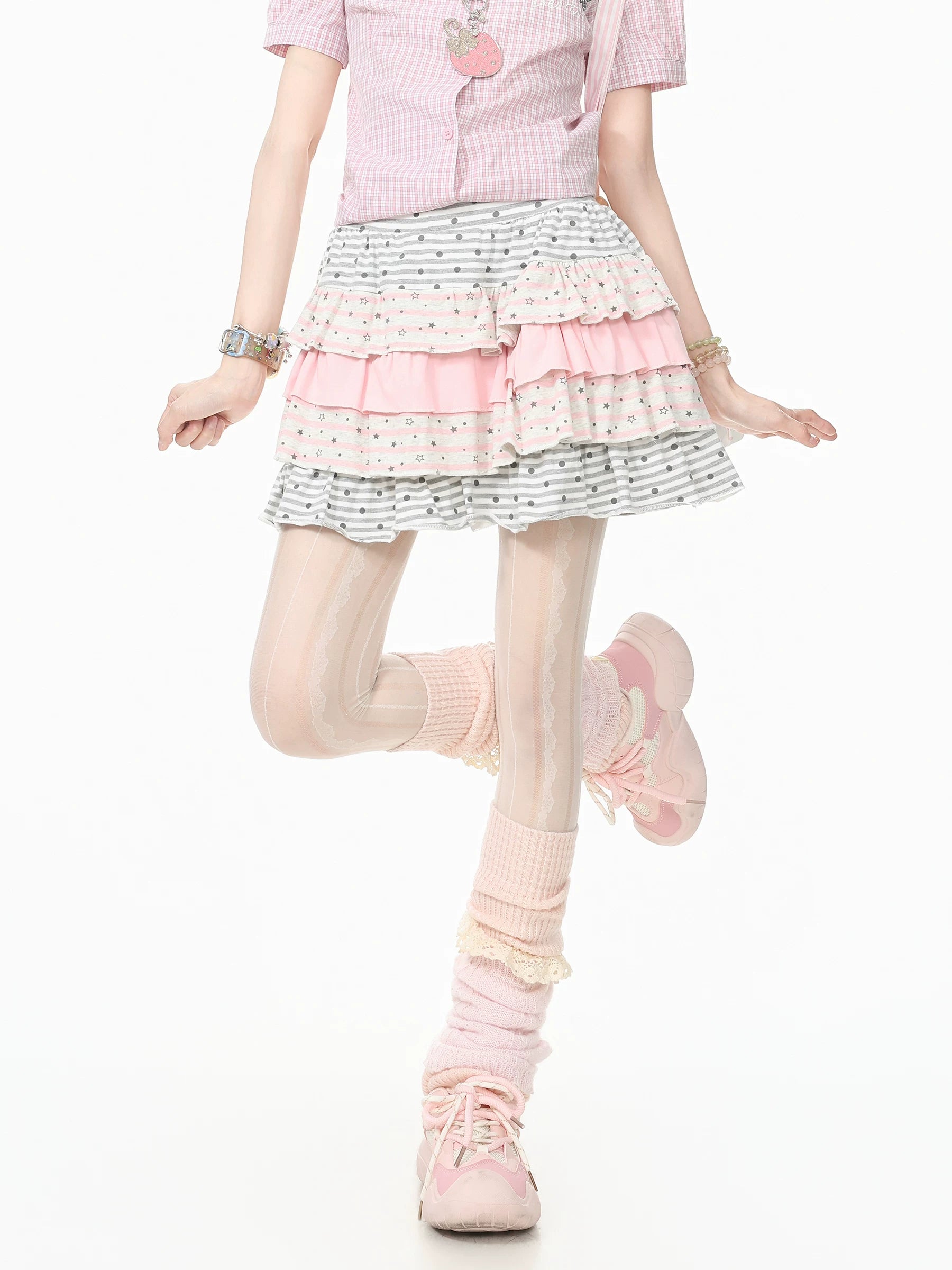 Languid Park Blue Ghost Star Dot Ruffle Cake Skirt Dress (Half Skirt) for Women—Summer Short Skirt
