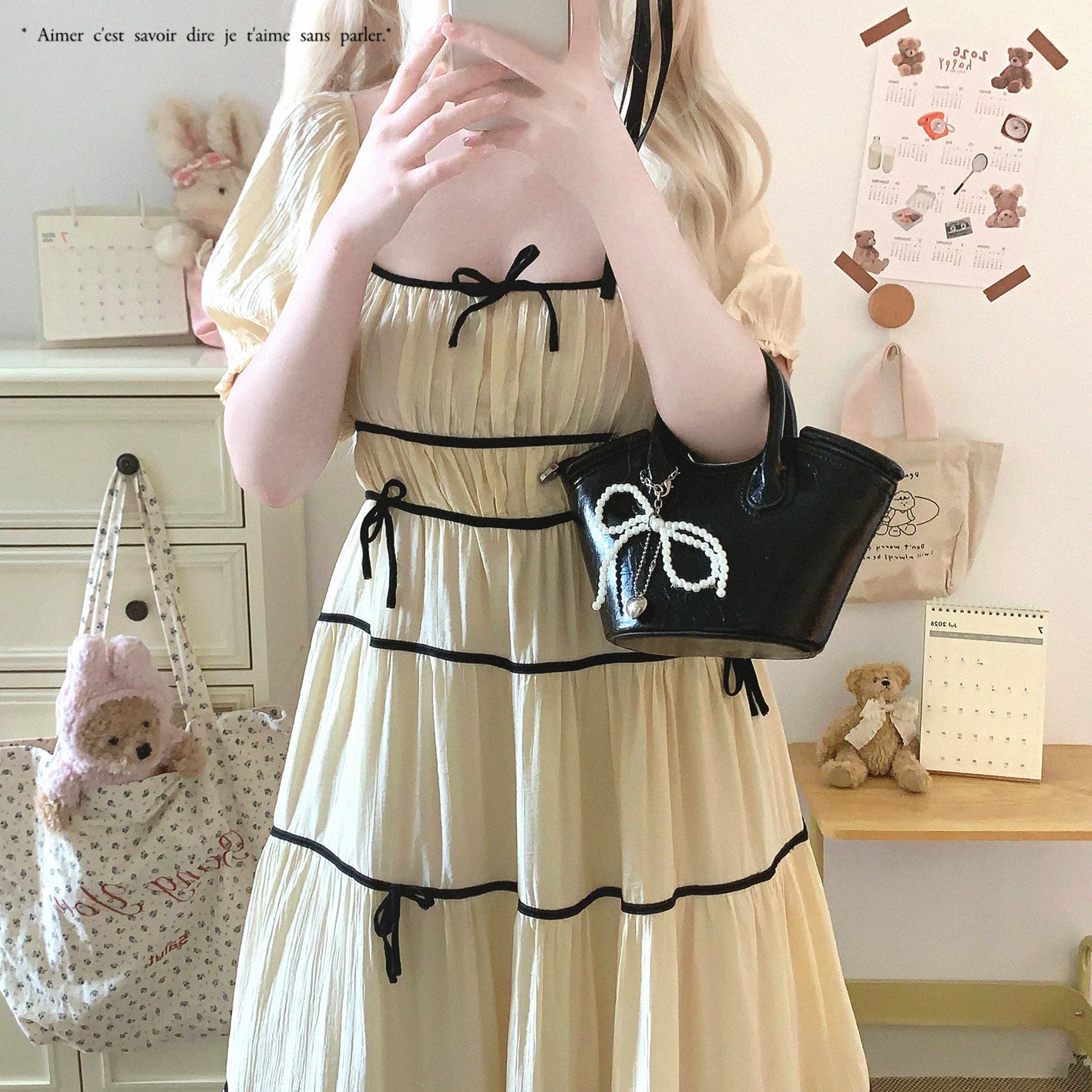 Last-Call Round-Neck Contrast Ribbon Bow Pleated High-Waisted Puff Sleeve Dress *f