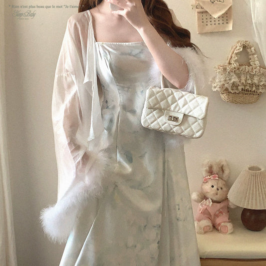 Last-Run GDRX French Elegant Floral Watercolor Ink Print Vintage Satin Waist-Cinching Slip Dress