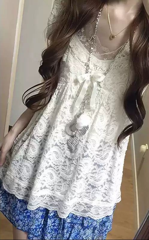 Blue Floral Lace Bow Top