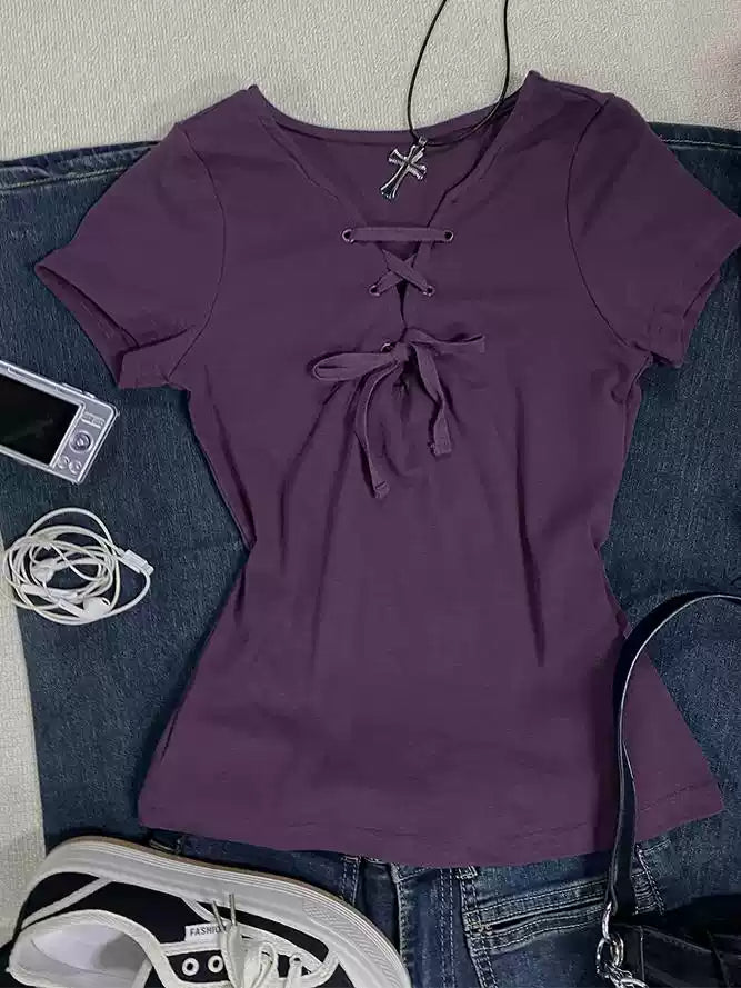 Blue V-neck straps short-sleeved shirt