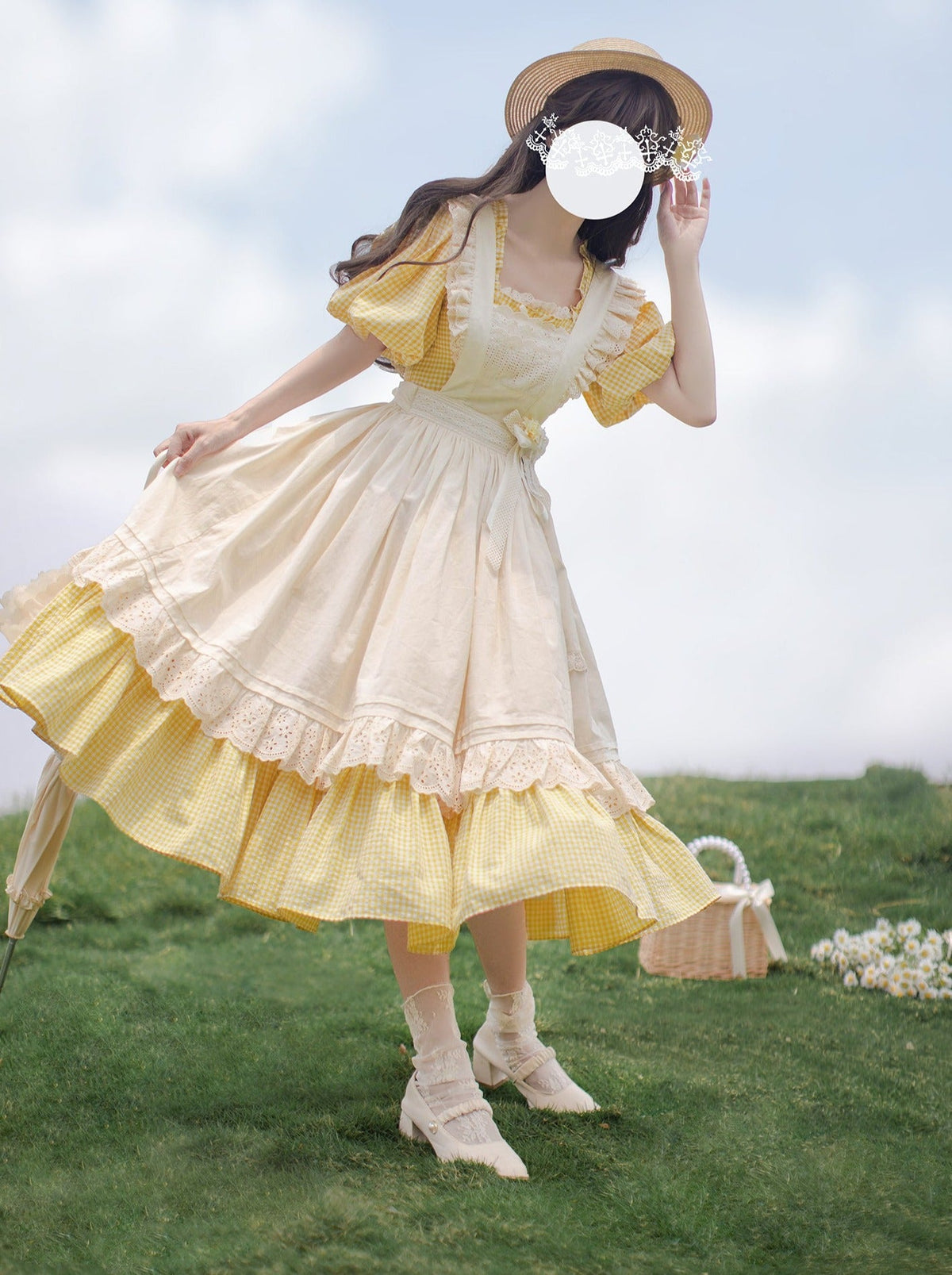 【Pre-order item】Retro Girly Yellow Dress + Apron + Ribbon