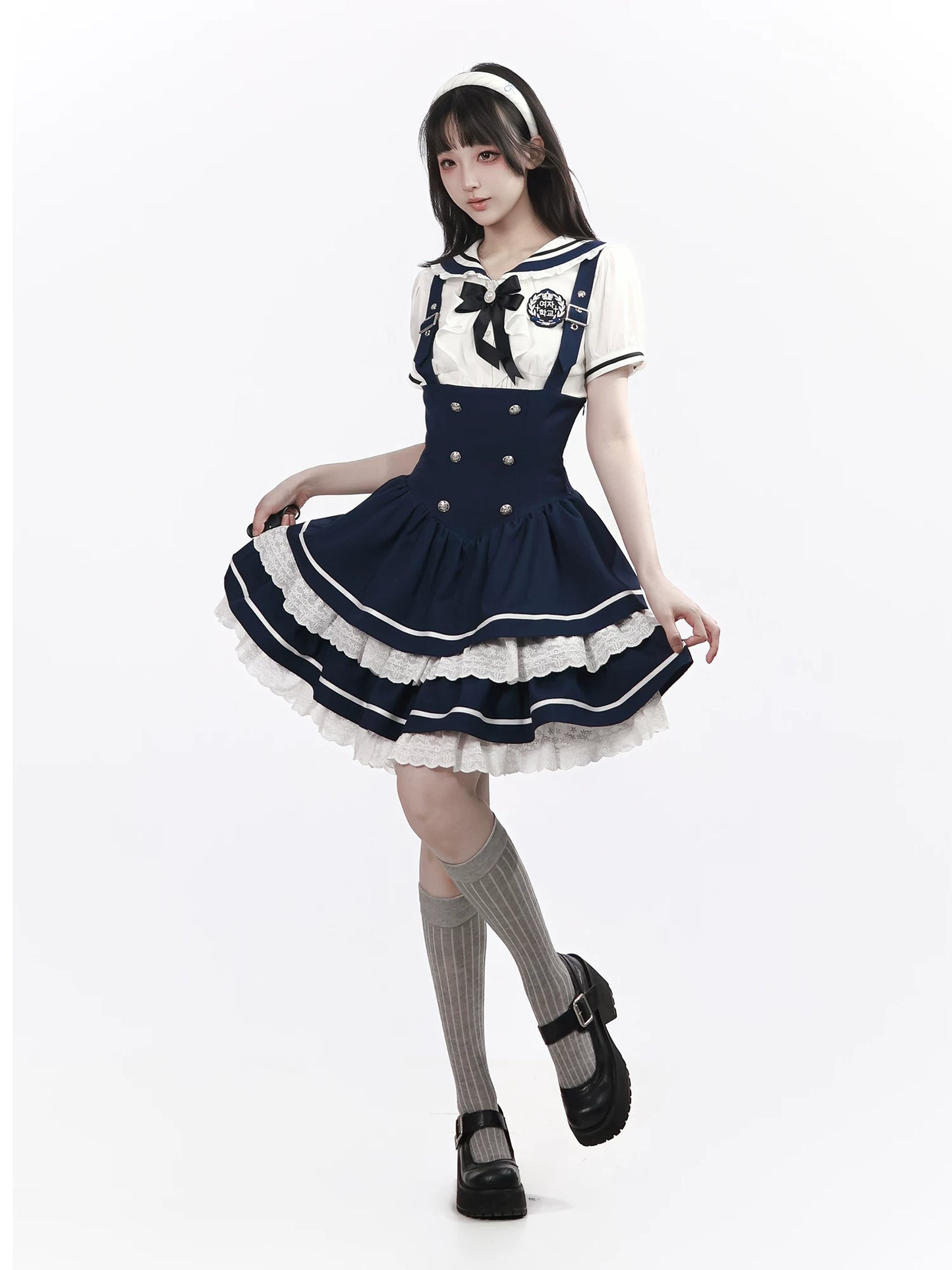 In-Stock & Ready to Ship【Chunxi Women】 Korean-Inspired Academy Waist-Tie Lace Bib Dress in Blue & White with Bow Tie