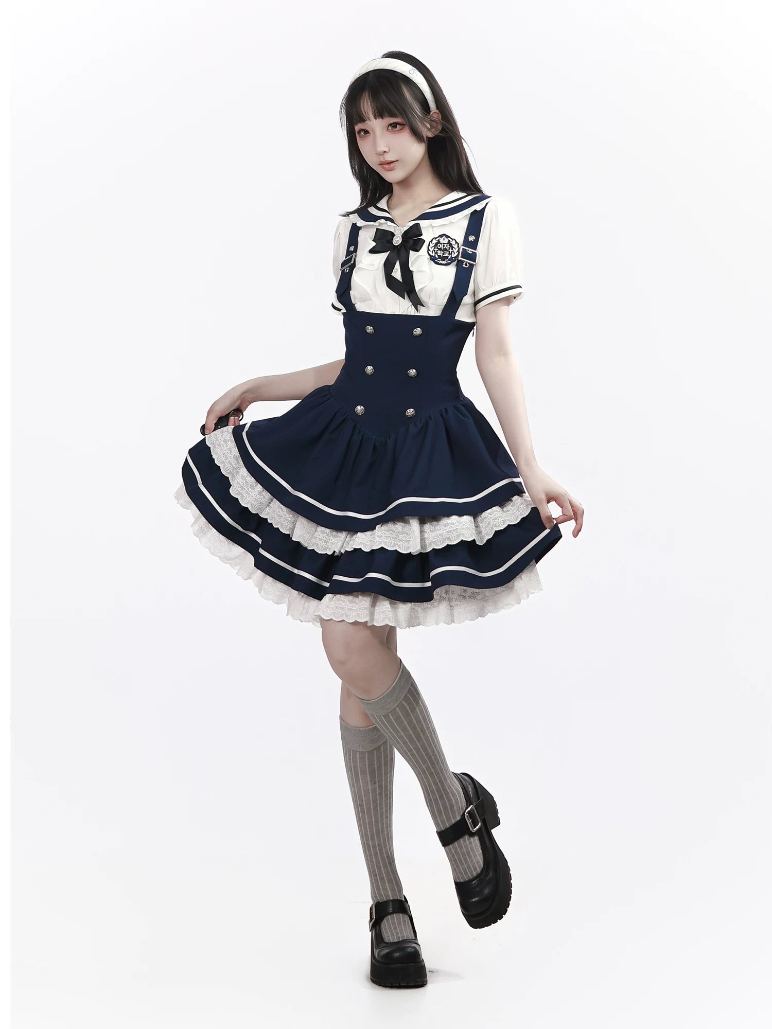 In-Stock & Ready to Ship【Chunxi Women】 Korean-Inspired Academy Waist-Tie Lace Bib Dress in Blue & White with Bow Tie