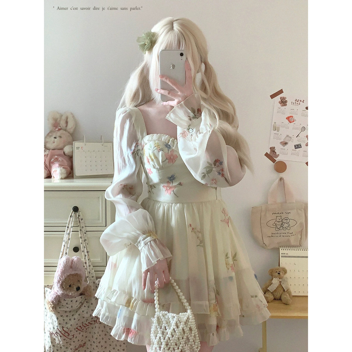 Last-Season Find French Vintage Square-Neck Floral Elegant Long-Sleeve Chiffon Dress