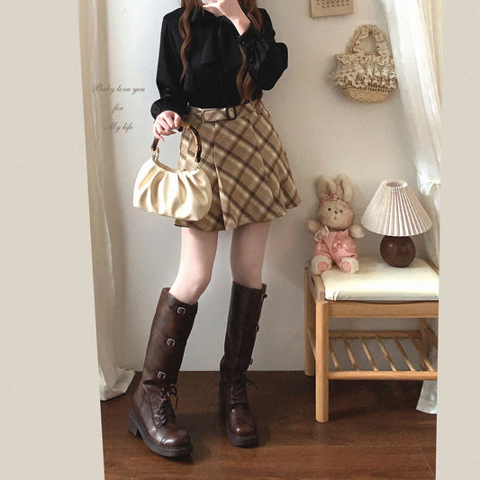 Final-Stock LX/Retail Cancelled—Milk Tea Brown Vintage Plaid Color-Block Belt Pleated High-Waist Skirt