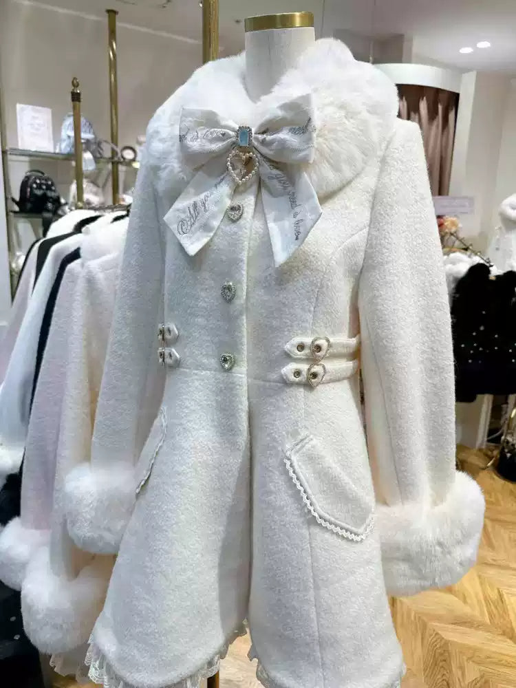 Japanese sweet bow mid-length woolen coat