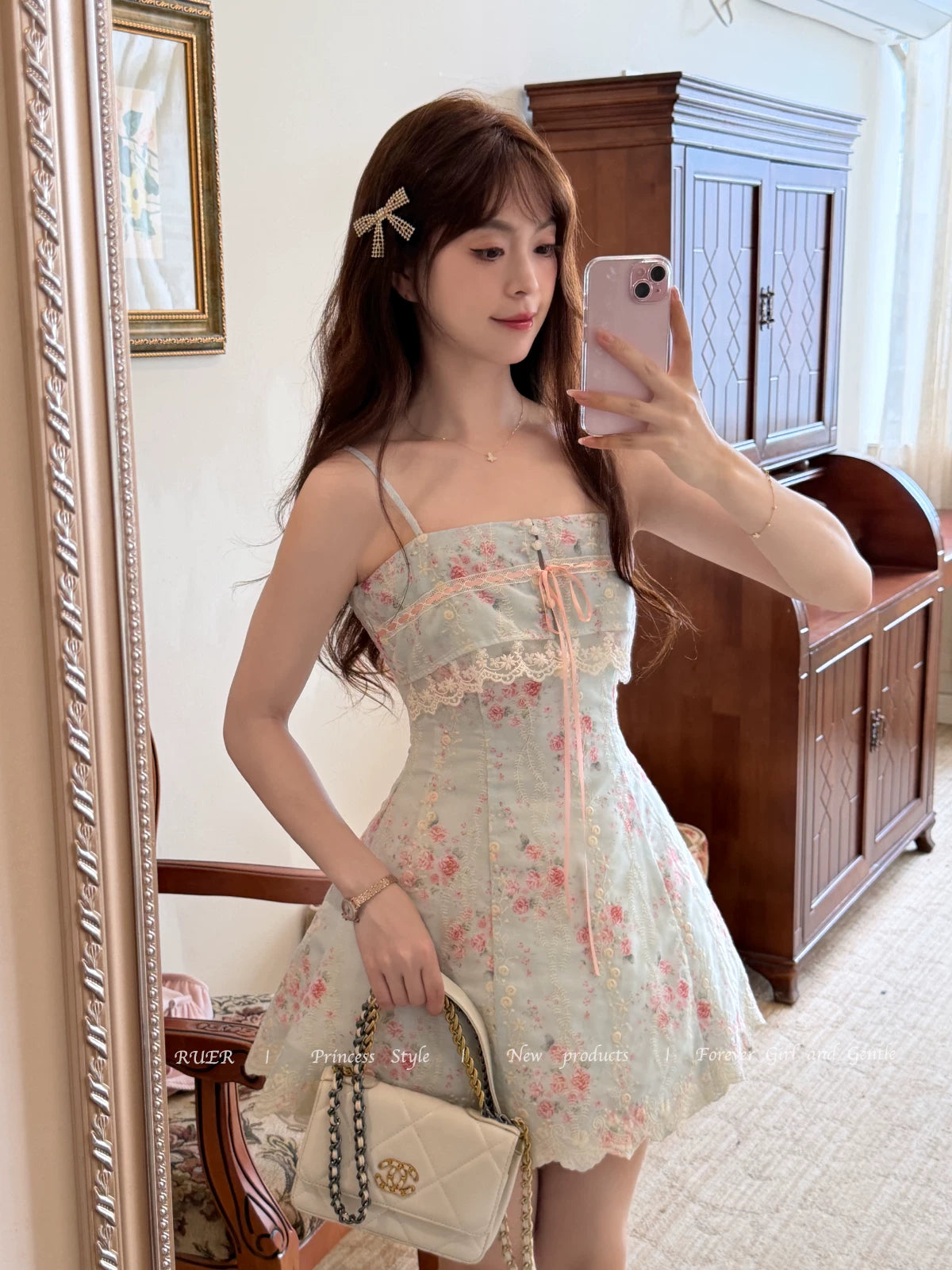 New Discount Zhaoruer Original Lace “Pure Desire” Tie-Embroidered Print Cinched-Waist Early Autumn Slip Dress Set