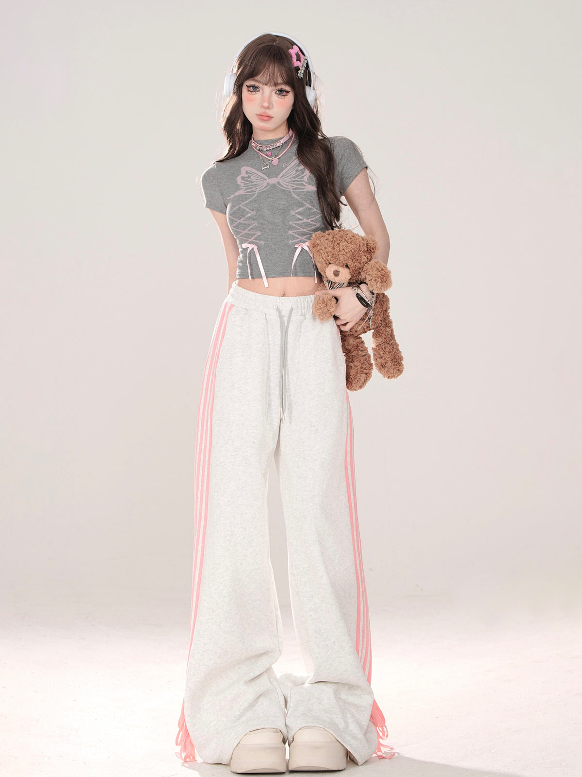 American Street Drawstring Ribbon Design Casual Pants