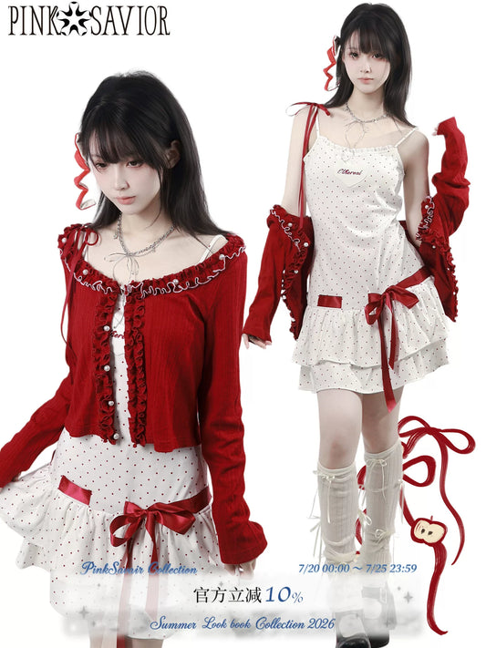 PinkSavior “Sugar Frost Berry Berry” American Red-and-White Colorblock Polka Dot Knit Dress Red Small Cardigan for Summer
