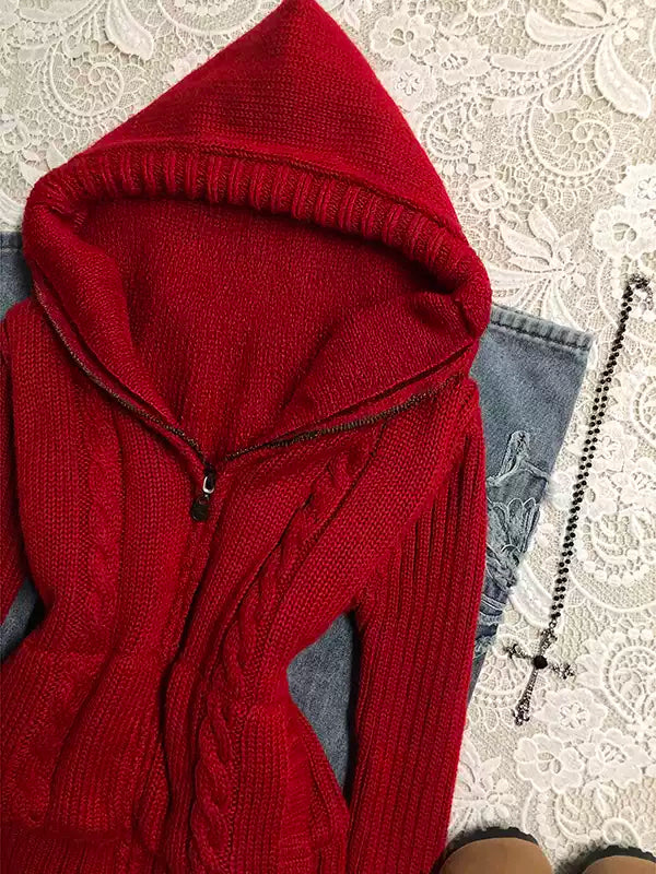 Red hooded knitted cardigan