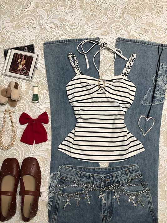 White-and-Black Stripe Crochet-Style Halter Cami Top for Girls by Original Brand—Vintage-Inspired Summer Spaghetti Strap