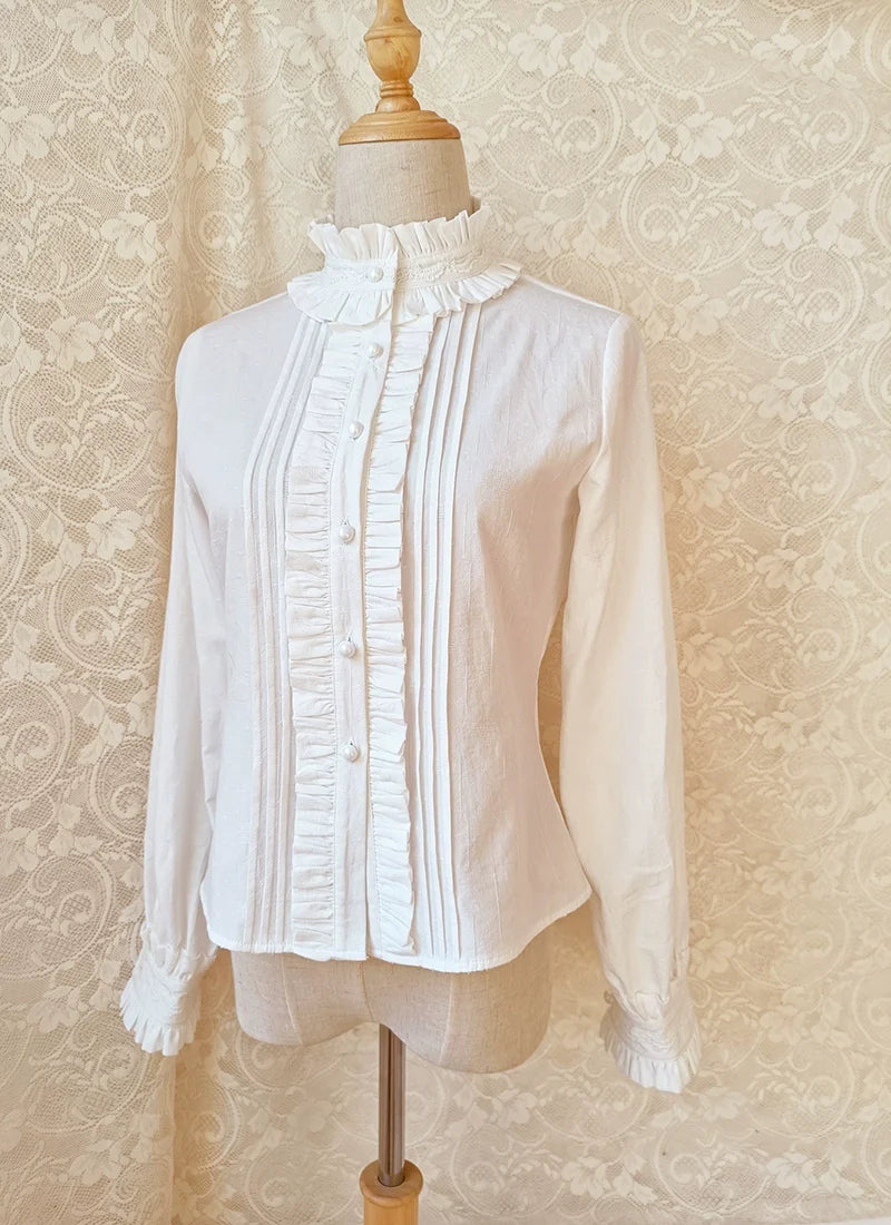 Winter Cotton Lolita Blouse White Long Sleeve Stand Collar Shirt